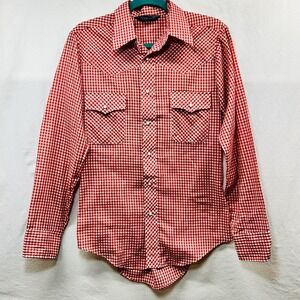 Vintage 70s Career-Club Western Red White Check Hippie Snap Button Shirt Med 15"